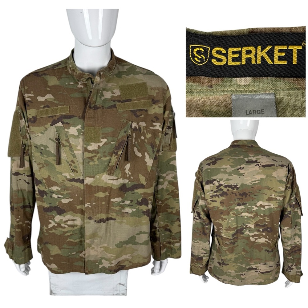 Serket Mens Large Shirt Jacket Camo Full Zip Hook & Loop Pocket Flame Resistant